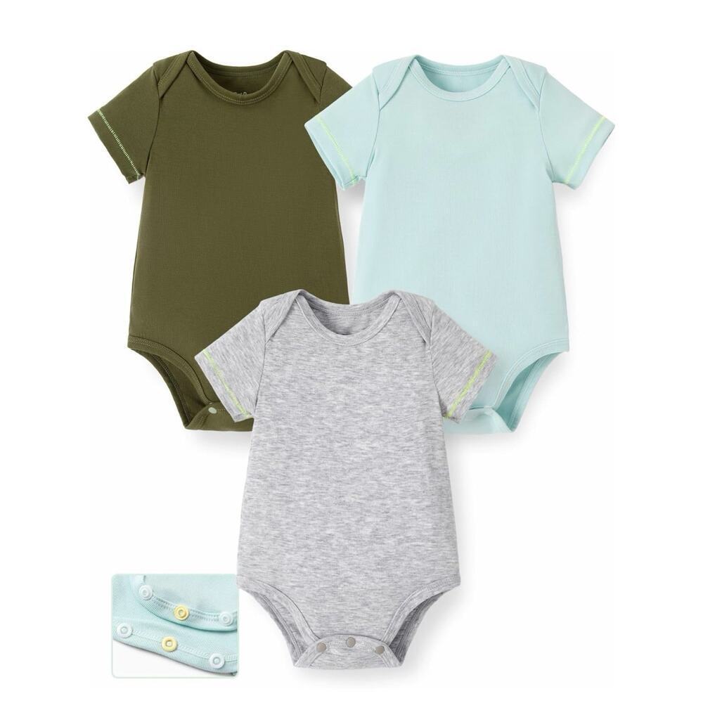 Patpat Baby Boy/Girl 3-Pack Lyocell Solid Color Romper Dark Green Bodysuit Soft